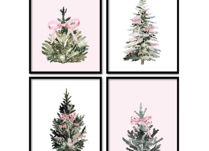 foedor Pink Christmas Pine Tree Wall Art Decor, 8x10 Set of 4