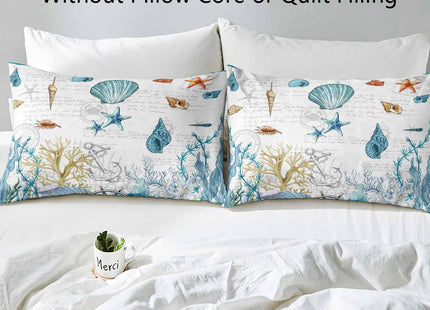 LUVIVIHOME 3PCS Nautical Coastal Bedding Set, White Duvet Cover King, Teal Blue Starfish Seashell Conch Coral Seaweed Anchor Rudder Ocean Sea Marine Summer Beach Comforter Quilt Cover, 2 Pillow Cases