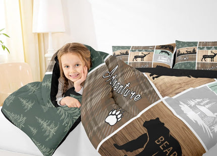 Retro Cabin Comforter Set 3Pcs, Pine Tree Buffalo Plaid Quilt Bear Deer Elk Bedding, Forest Wildlife Woodland Animals Duvet Insert Hunting Lodge Country Rustic Farmhouse Bedroom Decor, Full Size