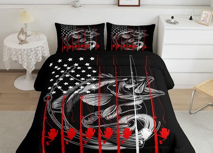 Feelyou American Flag Big Pike Fish Comforter Set Bass Big Bedding Set Toddler Size for Kids Boys Girls Hunting Fishing Comforter Fish Hook Inner Fill Duvet Set 1 Comforter Set with 1 Pillowcase