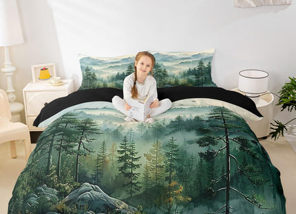Erosebridal Green Forest Duvet Cover Queen Woodland Mountain Bedding Set Watercolor Pine Tree Comforter Cover for Kids Teen Adults,Nature Aesthetics Bed Set