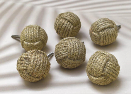 ARTISNO Jute Rope Knobs for Cabinets - Set of 6 Decorative Nautical Twisted Jute Rope Round Knobs Handmade Kitchen Cabinet Drawer Knobs | Nautical Wardrobe and Dresser Pulls (6 x 3.8 cm)