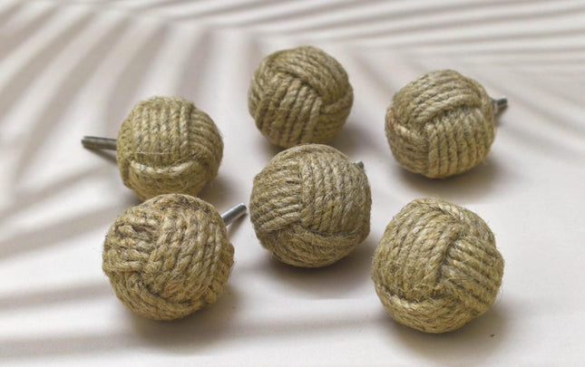 ARTISNO Jute Rope Knobs for Cabinets - Set of 6 Decorative Nautical Twisted Jute Rope Round Knobs Handmade Kitchen Cabinet Drawer Knobs | Nautical Wardrobe and Dresser Pulls (6 x 3.8 cm)