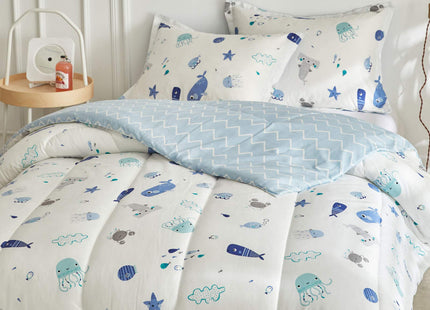 Joyreap 3pcs Premium Cotton Comforter Set for Kids Boys n Girls, Vibrant Ocean Theme Starfish Whale Crab Printed, Skin-Friendly Breathable Bedding Comforter for All Season (Twin, 68x88 inches)