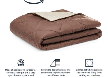 Amazon Basics Soft Comforter Blanket, Reversible Lightweight Microfiber All Season, Warm Bed Comforter, Full/Queen, Chocolate/Khaki