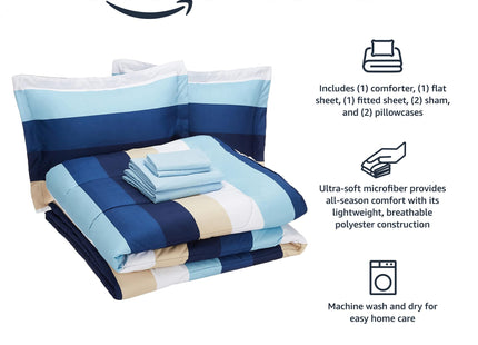 Amazon Basics Full/Queen Comforter Set with Sheets, 7-Piece Blue Stripe Bedding, Lightweight Microfiber Bed-in-a-Bag, Striped