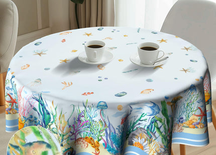 Imiss Nautical Round Table Cloth Coral Starfish Seashell Circle Tablecloth Wrinkle Resistant Washable Table Cover 60 Inch for Kitchen Dining Room Party Picnic