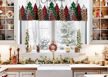 Merry Christmas Valance Curtains for Kitchen Windows Buffalo Plaid Xmas Tree Winter Forest Farmhouse Rod Pocket Window Treatment Toppers for Kitchen/Living Room/Bedroom/Bathroom, 42" X 12",Red Green