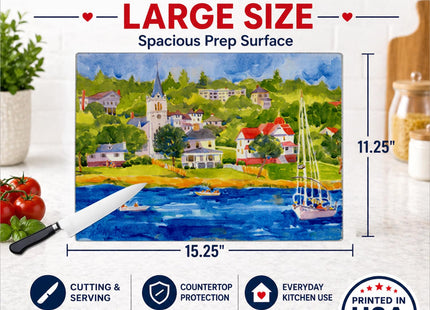 Caroline's Treasures 6031LCB Harbour Scene with Sailboat Glass Cutting Board Large Decorative Tempered Glass Kitchen Cutting and Serving Board Large Size Chopping Board