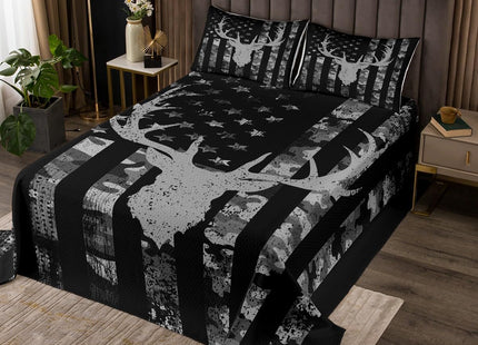 Kids Camo American Flag Bedspread Twin Size,Deer Antlers Silhouette Animal Quilted Coverlet,Girls Boys Adults Xmas/Bedroom Decor,Rustic Retro Coverlet Set,Black Grey Bedding Quilt,1 Pillowcase