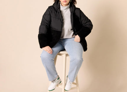 Amazon Essentials Women's Full-Zip Sherpa Fleece Hooded Puffer Jacket, Black, Large