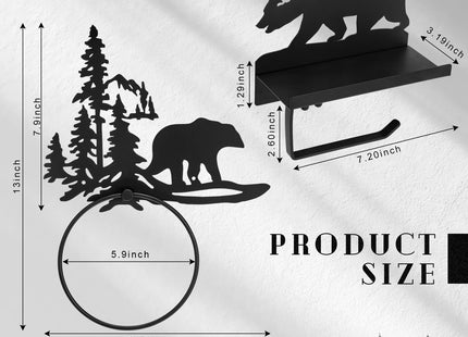 Funrous 2 Pcs Bear Toilet Paper Holder Bear Towel Ring Holder for Bathroom Black Bathroom Cabin Decor Holders with Shelf Rustic Wall Mount Forest Farmhouse Towel Rack for Home Kitchen