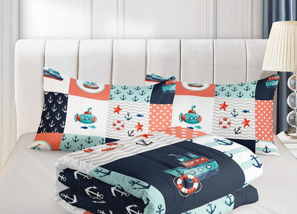 HOSIMA Nautical Bedding Set,Plaid Patchwork Pattern Hand Painted Seaplane,Boat and Anchor Comforter for Boys Kids Girls Bedroom Decor,Sea Adventure Theme Twin Comforter with 2 Pillowcases.