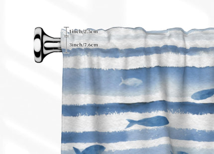 Granbey Nautical Coastal Valances for Windows Blue and White Striped Kitchen Curtain Fish Aquatic Print Beach Themed Window Valance with Rod Pocket Light Filtering 54 x 18 Inch, 1 Pack