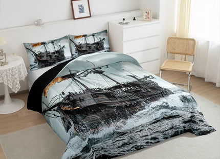 Sailboat Bedding Set Nautical Down Comforter Sailing Ship Comforter Set for Kids Boys Girls Wooden Boat Pirate Yacht Adventure Theme Quilt Set Bedroom Decor with 1 Comforter and 2 Pillow Cases Queen