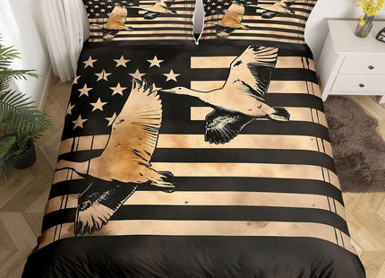 Erosebridal Duck Hunting Bedding Set Retro Black White American Flag Twin Comforter Cover for Teen Boys Men,Wildlife Animal Duvet Cover Hunting Flag Quilt Cover for Hunter with Zipper 1 Pillow Case