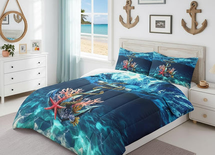 Castle Fairy Nautical Anchor Comforter Set,Undersea Light Water Ripple Bedding Set Kids Teens Modern Decor,Ocean Creature Starfish Coral Comforter with 1 Pillowcase for All Seasons,Twin