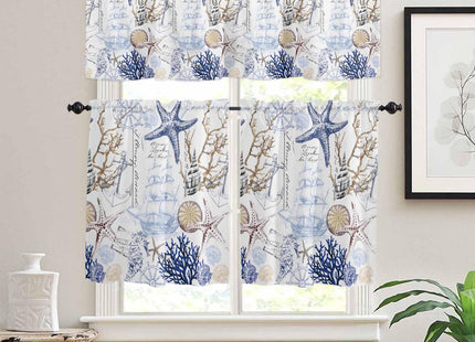 Teamery Sea Starfish Kitchen Curtains Valances for Windows Nautical Ocean Seahorse Short & Drapes 3pcs Blackout Rod Pocket and Set Tier Curtain Bathroom Bedroom Oceantmy1922