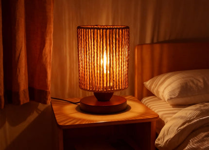 Handmade Rattan Lamp Boho Table Lamp for Bedroom, Small Woven Lamps for Night Stands with Warm White LED Bulb, Coastal Boho Lamp for Living Room Reading Nook Office Desk, 12cm Shade 20cm Height