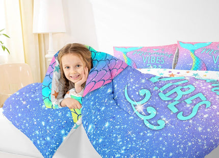Girls Mermaid Tail Comforter Set Full Kawaii Coastal Fish Scales Bedding Set Glitter Star Galaxy Comforter Blue Pink Pastel Ombre Set Princess Bed Set Ocean Animal Quilt Duvet 2 Pillowcases Teal
