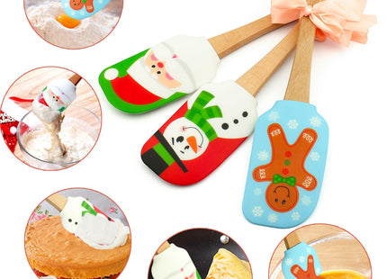 Silicone Spatula, Caliamary 3 Pieces Kitchen Silicone Spatula Set, Christmas Cake Decorating Spatula with Wooden Handle, Snowman Gingerbread Man and Santa Claus Pattern (Snowman)