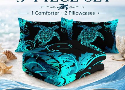 AILONEN Polynesian Sea Turtle Comforter Set Full Size, Dreamy Aqua Blue Bedding Fluorescence Texture Plant Abstract Turtle Star Conch Quilt Set All Season 3Pcs (1 Comforter + 2 Pillowcases)