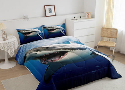 Kids Comforter Set for Boys Girls,3D Shark Fish Down Comforter 2 Piece Hawaiian Beach Theme Bedding Quilted Duvet Set Ocean Sea Animal Pattern Blue Duvet Insert for Toddler Teen Bedroom Decor,Twin