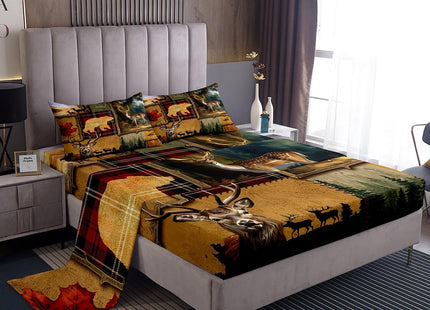 Manfei Hunting Sheet Set King Size, Wildlife Deer Bear Adventure Hunting Theme Bed Sheet Set 4pcs with Deep Pocket Fitted Sheet + Flat Sheet + 2 Pillowcases, Farmhouse Bedding Set for Kids Boys Teens