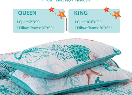 DJY Coral Jellyfish Quilt Queen Size Coastal Beach Bedspread Coverlet Set