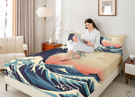 Erosebridal Wave Fitted Sheet Full Size, Japanese Ukiyo-e Ocean Waves Design Blue & Cream Bedding Set with Pillowcases, Hand-Drawn Nautical Theme Decorative Luxury Bed Sheets (3-Piece)