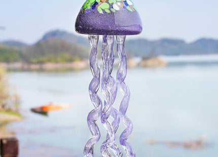 14in Handcrafted Purple Sea Glass Jellyfish Wind Chime Patio Decor