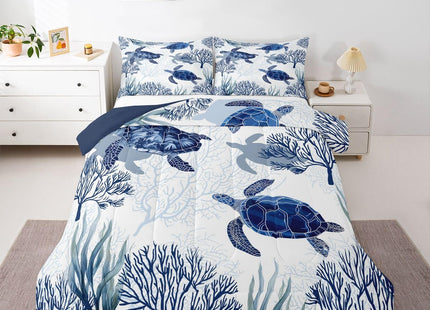Erosebridal Turtle Comforter Set Twin White Blue Sea Turtle Bedding Set for Kids,Reptile Coastal Tortoise Quilt Hawaiian Ocean Beach Theme Comforter for Boys Girls Room