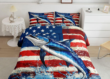 Marlin Swordfish Comforter Set Boys American Flag Bedding Set, Hunting and Fishing Comforter for Kids Teens Adult Bedroom Marine Life Ocean Animal Down Comforter with 1 Pillow Case, Blue Red, Twin
