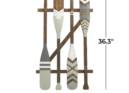 Deco 79 Wood Paddle Home Wall Decor Arrow and Stripe Patterned Wall Sculpture with Muted Blue Accents, Wall Art 21" x 1" x 36", Light Gray