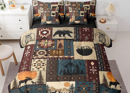 Erosebridal Bohemian Deer 7 Piece Bedding Sets Queen Bear Wildlife Hunting Theme Comforter Set Cabin Decor Buffalo Plaid Grid Bed in a Bag for Teens Retro Boho Xmas Pine Tree Sheets Geometric Quilt