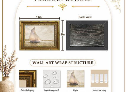 Vintage Sailboat Nautical Landscape Wall Art, Gold Framed Canvas Print