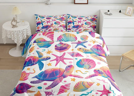 Erosebridal Sea Turtle Comforter Set Queen for Kids Girls Boys,Coastal Beach Theme Bedding Set Nautical Bedroom Decor,Pink Blue Sea Shell Starfish Comforter Set,Ocean Life Quilt Bed Set 3Pcs