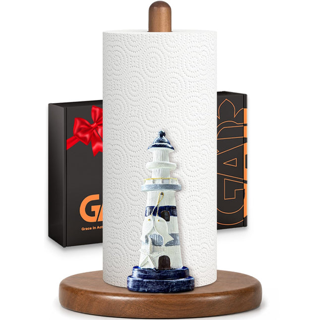 Lighthouse Paper Towel Holder, Nautical Coastal Beach Ocean Decor for Kitchen Bathroom Countertop, Freestanding Wooden Stand, Standard & Jumbo Rolls, Lighthouse Gift for Women