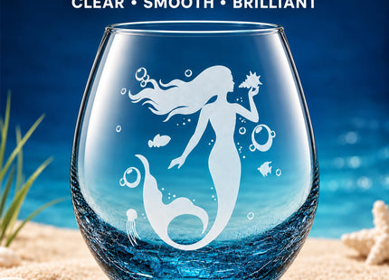 19 oz Printed Mermaid Stemless Wine Glass, Teal Crackle Base, Ocean Crystal