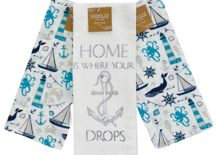 Nautical Coastal Cotton Kitchen Dish Towel Set, 2 Lighthouse 1 Anchor Drops