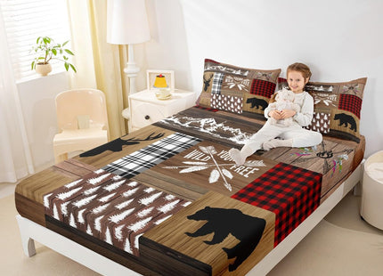 Retro Cabin Bed Sheet Rustic Adventure Bear Deer Fitted Sheet Hunting Wildlife Wild Animal Bedding Sets Plaid Lodge Farmhouse Fitted Bed Sheets Western Country Comforter + 1 Pillow Case, Twin Size