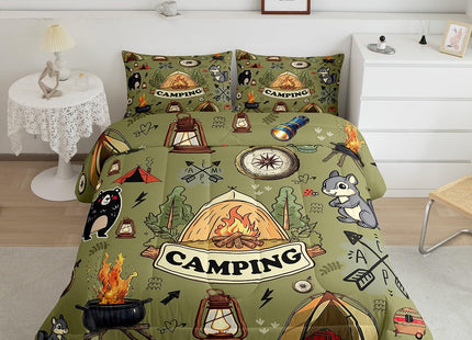 Erosebridal Kids RV Camper Queen Comforter Set,Camping Tent Bedding Set for Boys Girls Room Decor,Forest Bear Fox Bed Set Rustic Style Travel Trailer Bedding Comforter Sets,2 Pillowcases