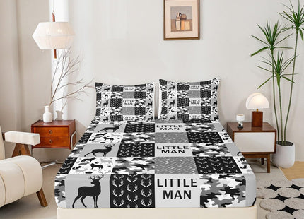 Camo Deer Kids Rustic Farmhouse Sheet Twin Size,Wolf Bear Animals Paw Bedding,Boys Girls Adults Xmas Decor,Geometric Plaids Arrows Boho Black Gray Bed Sheet Set 3pcs(Fitted + Flat + 1 Pillowcase)
