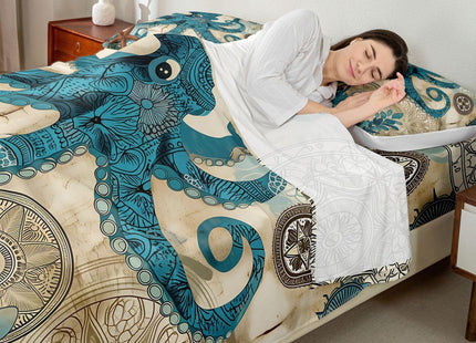 Octopus Bedding Ocean Bed Sheet Set Teal Mystic Kraken Mediterranean Style Design Teal Animal Bedding Sets Octopus Kids Sheet Set for Twin Size Skull Fitted Sheet and Flat Sheet,Marine 1 Pillowcase