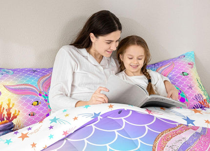 Erosebridal Mermaid Bedding Twin,Little Twin Sets for Girls,Nautical Sea Animal Comforter Set Glitter Tail Quilt,Ocean Starfish Coral Fish Duvet Insert Blue Purple Teal Kawaii Room Decor