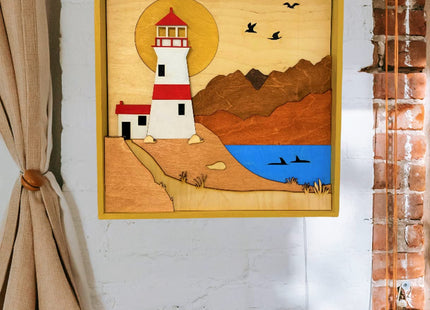 ImprovingLife Wall Art Decor Lighthouse on the Cliff Landscape Wood Sculpture 3D effect
