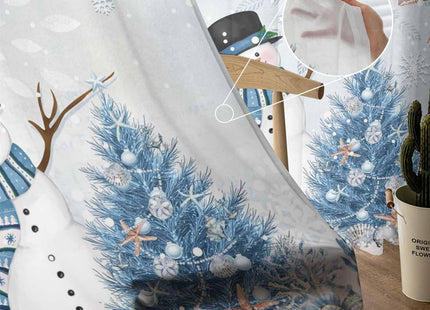 Hokiten Coastal Christmas Snowman Sheer Curtains 84 Inch Length 2 Panels Set, Blue Beach Xmas Tree Semi Sheer Curtain for Living Room, Xmas Starfish Voile Window Curtains Sheer Drapes for Bedroom