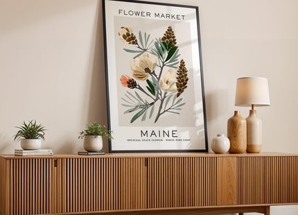 GroovyGrove Maine Flower Market Poster Wall Art Prints, Abstract US States Flower Wall Art, Neutral Botanical Wall Art Decor for Bedroom, Living Room (Unframed)