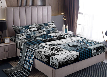 Feelyou Deer Elk Bear Wolf Sheets with Deep Pocket Fitted Sheet Blue Plaid Rustic Cabin Sheet Set Farm Forest Camping Hunting Bed Sheets Set Geometric Checkered Bedding Set Bed Set Twin Size