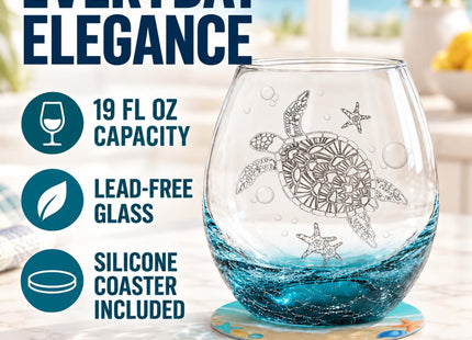 Sea Turtle Stemless Wine Glass Hand-Blown Coastal Crackle Teal Base 19oz